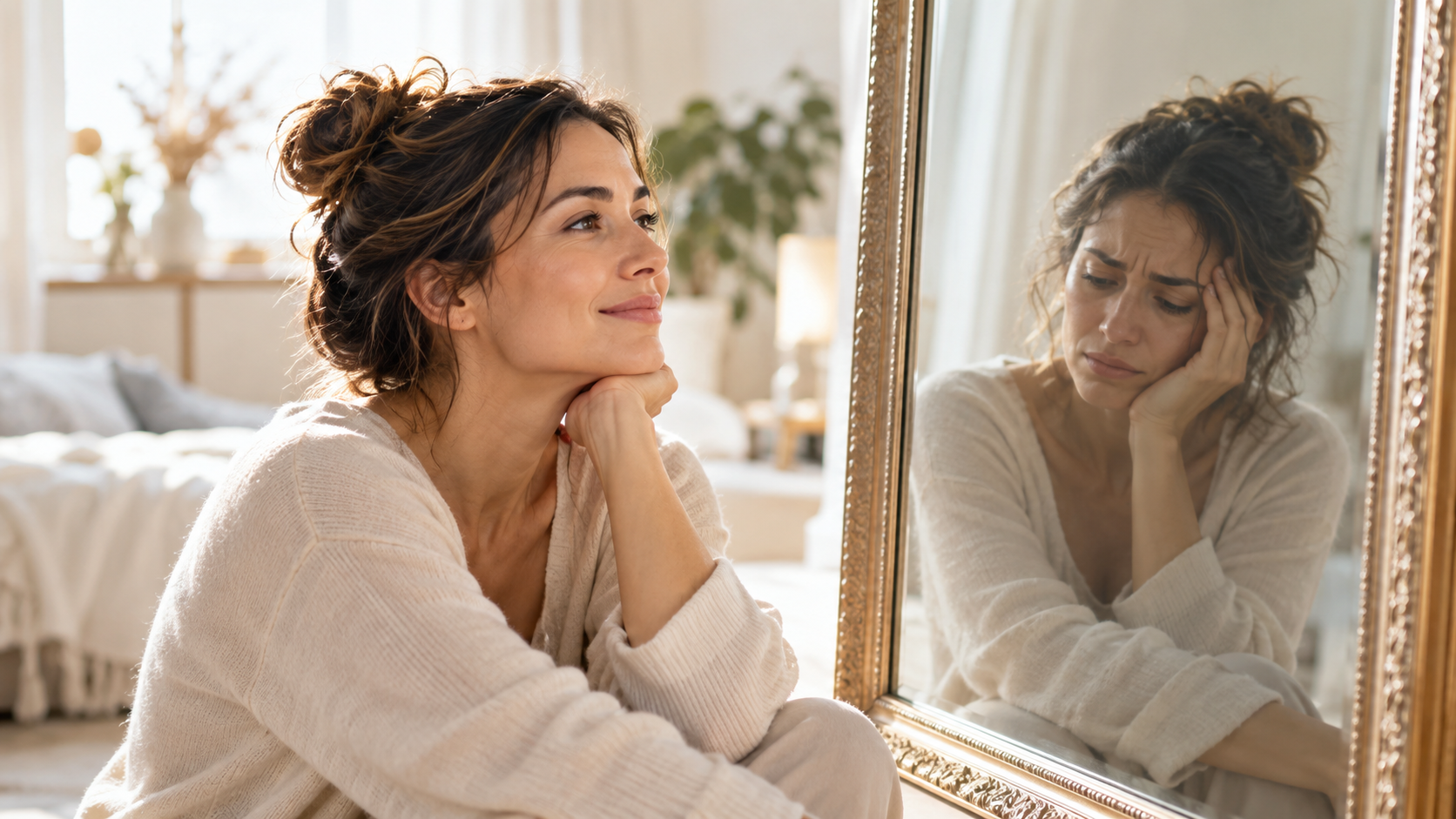 Femme face à son miroir illustrant l'impact des croyances limitantes sur les émotions et les réactions